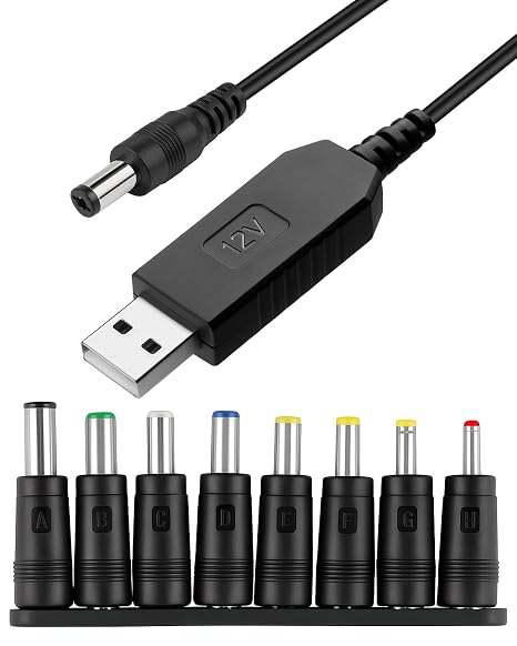Usb to Dc 12v Cable 1m 5.5 X 2.1mm with 8 Interchageable Dc Connectors | Plug Adapter Universal Power Cord Round Pin Barrel Jack Charging Cable for Laptops Router Speakers Keyboard Toothbrush Toys