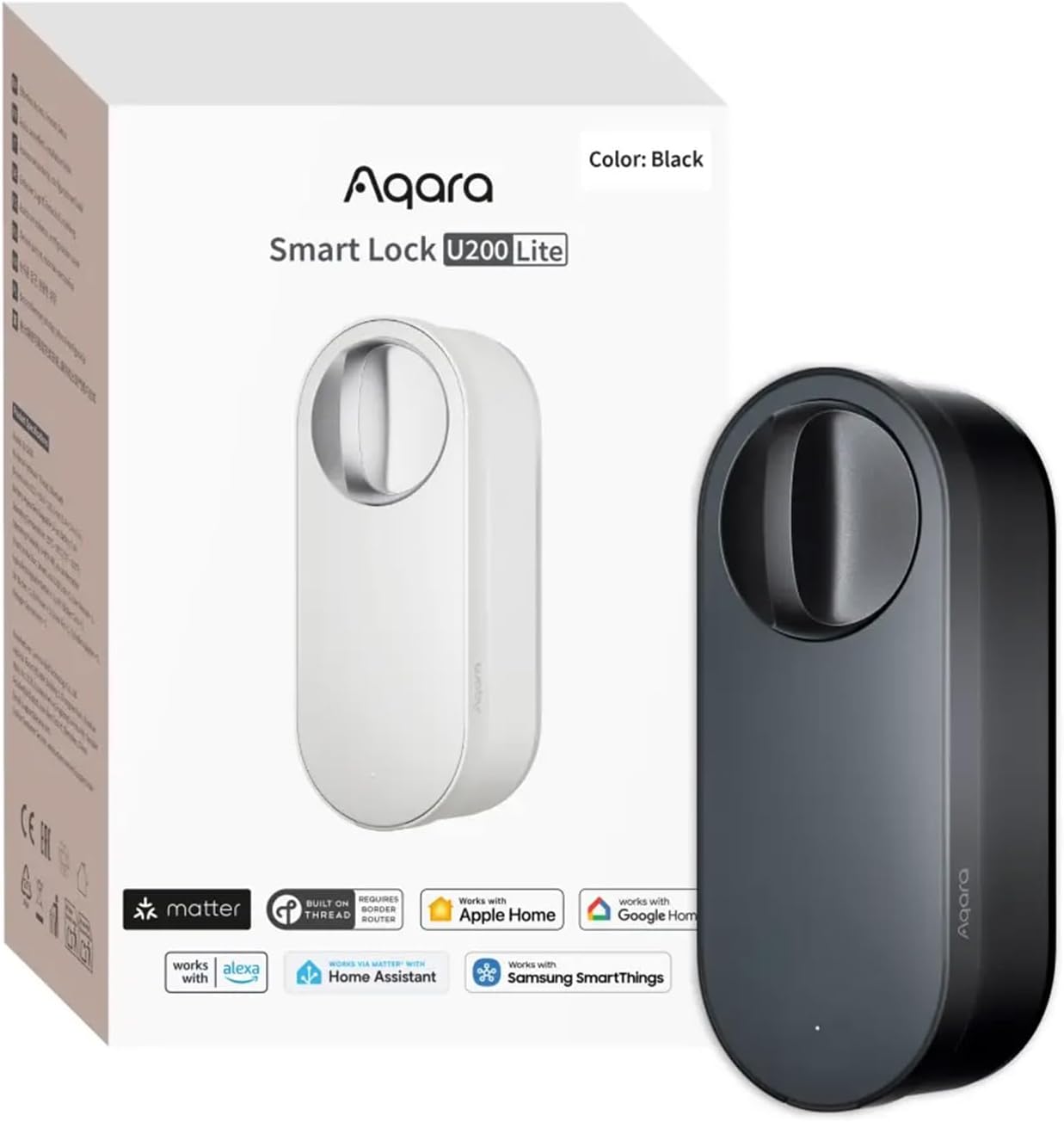 Aqara Smart Lock U200 Lite, Matter Over Thread, Quiet Mode, Auto Lock, Remote Access, Rechargeable Battery, Fits Euro Profile Cylinder, Supports HomeKit, Alexa, Google Home, Home Assistant, Black