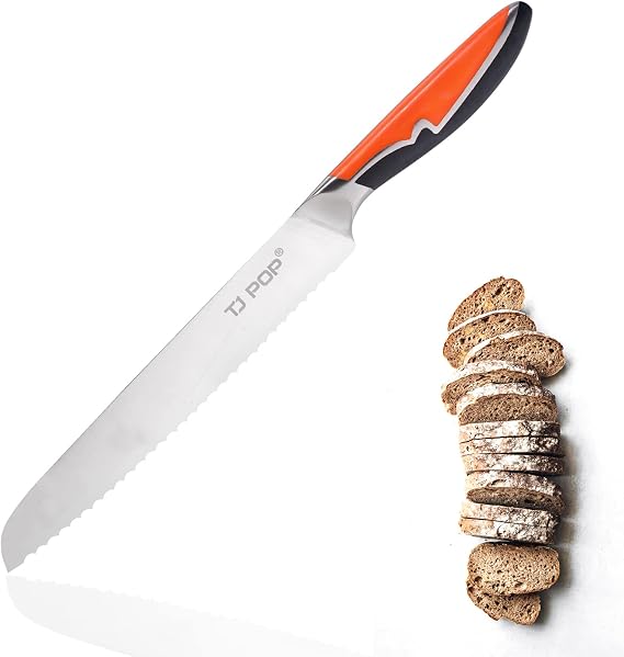 TJ POP Bread Knife 8 Inch, Professional Serrated Knife, Ultra Sharp Bread Cutter, Full-tang Designed, German HC Steel Blade, Comfort Grip Non-slip Handle