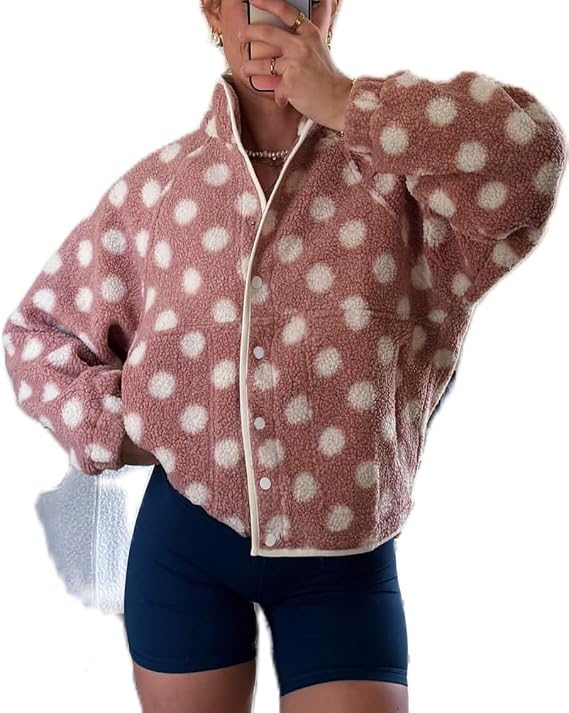 Yoawdats Womens Fleece Fuzzy Jacket Polka Dot Button Down Long Sleeve Y2k Winter Fluffy Coats Sherpa Warm Cropped Outwear