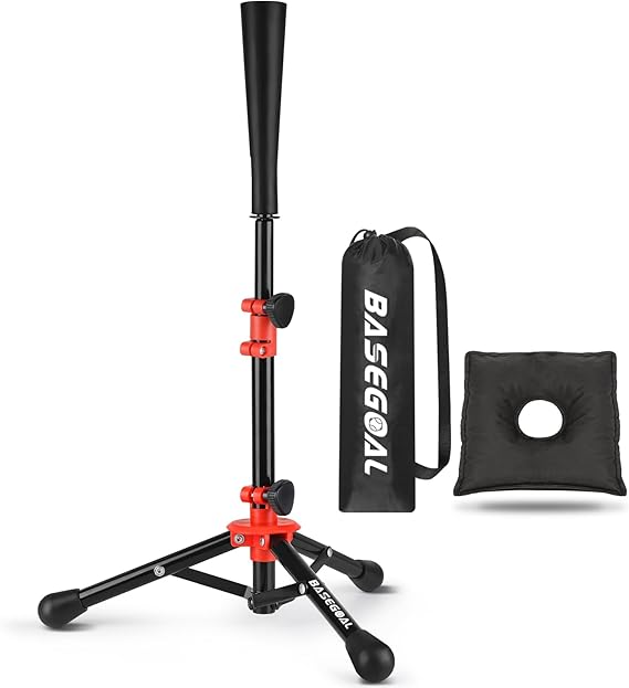 BaseGoal Baseball Tee with Sandbag for Stability,Portable Batting Tee | Tripod stand hitting tee; Adjustable height; Portable with carry bag, indoor & outdoor baseball practice use