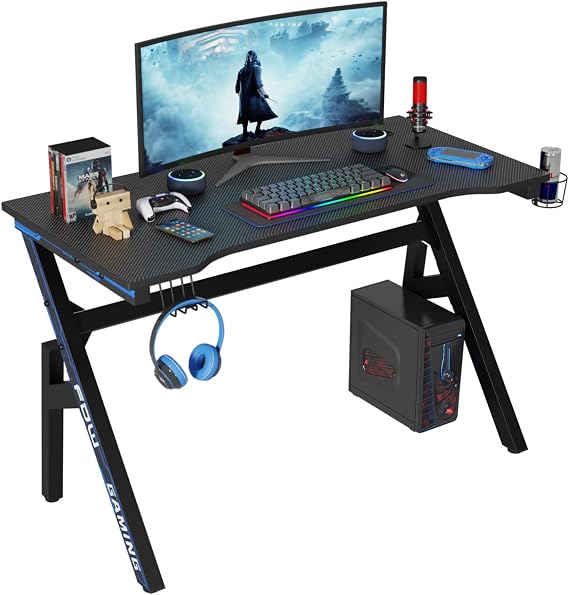 PayLessHere 47 Inch Gaming Desk PC Carbon Fiber Table Ultimate Gamer Workstation with Cup Holder & Headphone Hook for Home Office,Blue
