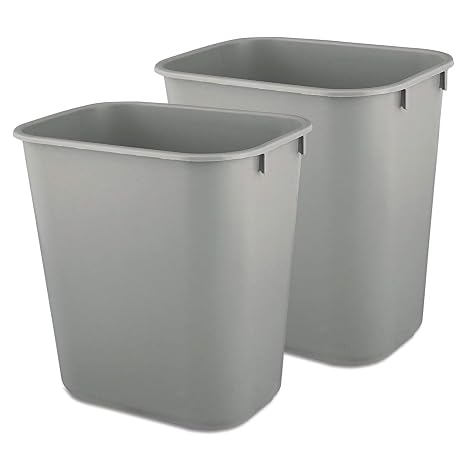 Rubbermaid 2 Pack 2955GRA Deskside Plastic Wastebasket, Rectangular, 3 1/2 gal, Gray