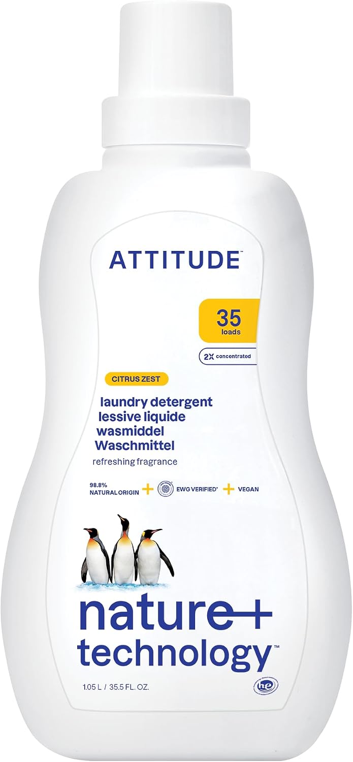 ATTITUDE Liquid Laundry Detergent, EWG Verified, HE Compatible, Plant-Based & Vegan, Natural Laundry Soap, Citrus Zest Scent, 35 Loads, 1.05 Litres