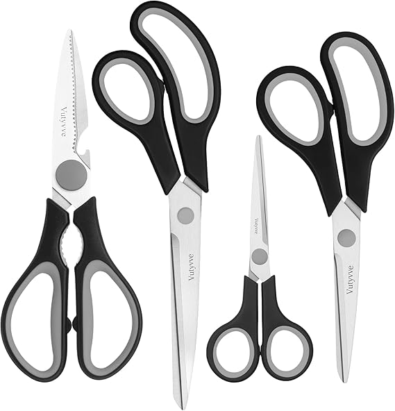 Kitchen Scissors, Stainless Steel Blades Soft Handle, Multifunctional Kitchen Scissors Set, Black/Grey, 4 Piece Set