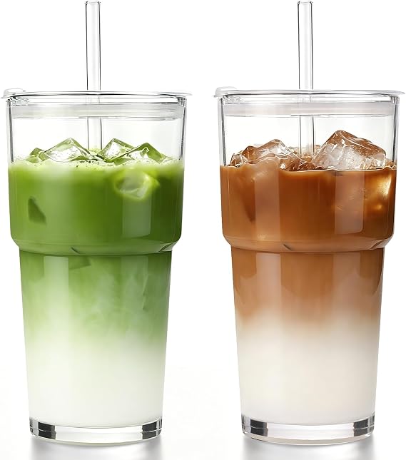 Iced Coffee Cups with Lids 2Pcs: Coffee Bar Accessories - Glass Tumbler with Straw and Lid 20oz - Vintage Glass Cups with Lids and Straws - Tumbler Leak Proof Aesthetic Drinkware for To Go Iced Coffee