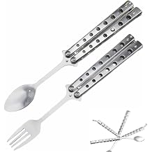 Butterfly Spoon Camping Spoon, Butterfly Fork and Spoon Set, 2 Pcs Foldable Utensils Camping Stainless Steel Utensils for Kitchen BBQ Camping Travel Outdoor