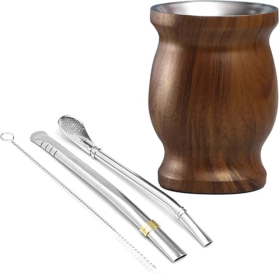Mate Cup and Bombilla Set - Yerba Mate Set Includes One Yerba Mate Cup, Two Bombilla Mate (Straw) and Brush - Stainless Steel Double-Wall, Easy to Clean Yerba Mate Gourd,Brown