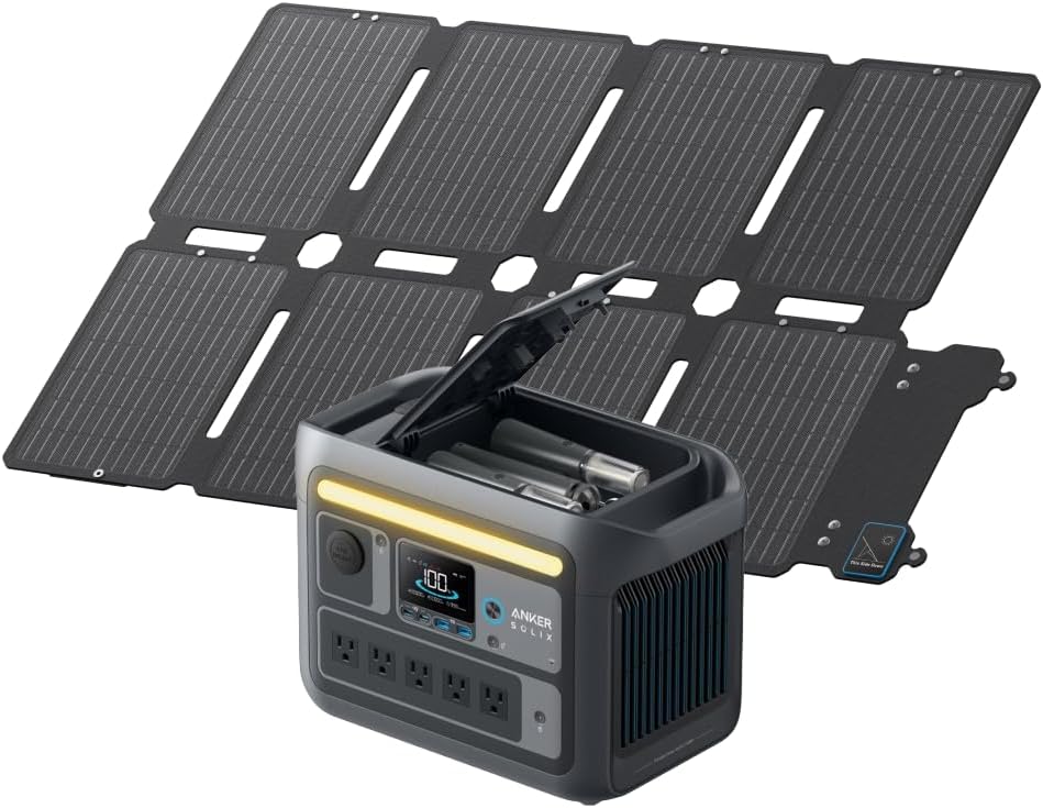 Anker Solix C800 Plus Portable Power Station with Anker Solix PS100 Compact Portable Solar Panel, 100 W, 768 Wh Portable Power Supply and 100 W Ultra Compact Solar Panel Set, Camping Light, Large