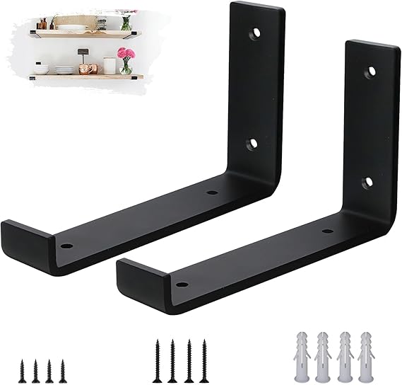 Scaffold Board Shelf Brackets 2 Pack - 5mm Thick Steel Heavy Duty Shelf Supports with Lips for 8 x 4 Inch (20cm x 10cm), Industrial Rustic Black Wall Shelf Brackets Kit