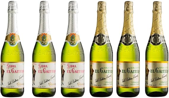 The Spanish Hamper Set of 3 bottles x 70cl Silver Cider and 3 bottles x 75cl Gold Cider, El Gaitero sparkling cider from Asturias. Sparkling and Cork Stopped.