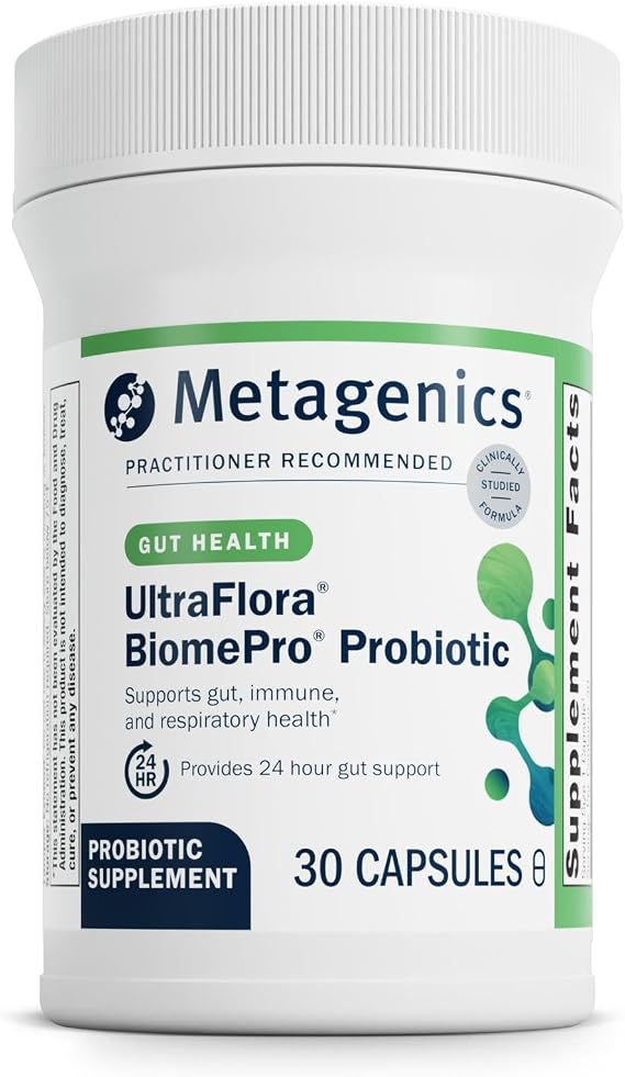 Metagenics UltraFlora BiomePro Probiotic Supplement, 30 Capsules | 105 Billion CFU Multistrain Formula with Lactobacillus Acidophilus, Shelf-Stable, Digestive Health Support