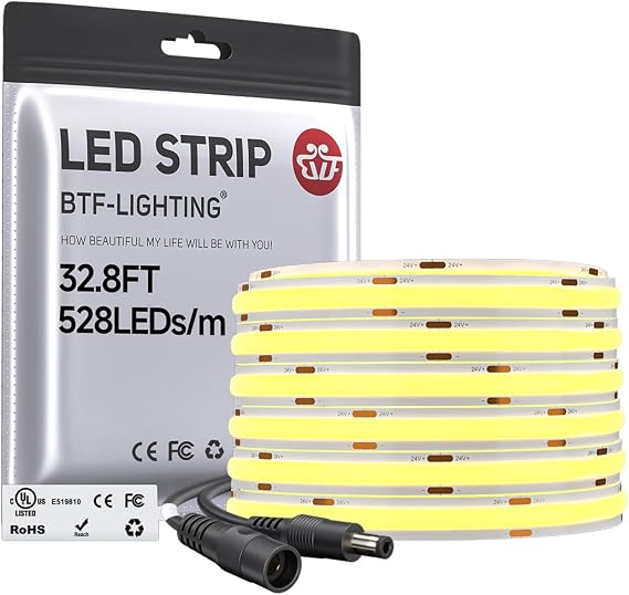 BTF-LIGHTING UL Listed FCOB COB LED Strip Light Warm White 3000K | High Density 528LED/m Uniform Light, DC24V 32.8FT CRI90+ 10mm Width for Home Indoor DIY Lighting(No Adapter or Controller)