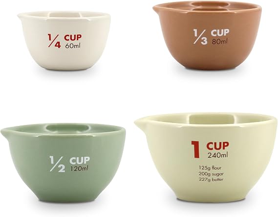 Ceramic Measuring Cups Set of 4Standard Measurements for Precise Cooking,Color-Coded for Quick Identification, Essential Kitchen Utensils for Bakers & Cooks of All Skill Levels, Assorted Colors