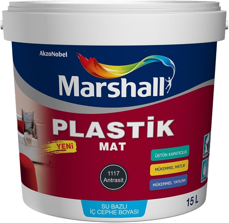 Marshall Plastik Mat Antrasit Gri Su Bazlı İç Duvar Boyası 2.5Lt=4Kg-Silinebilir-Uygulaması Kolay,Antrasit Gri