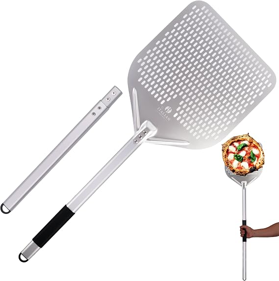 Perforated Pizza Peel 13"W x 16.7"L- Professional Grade Large Metal Pizza Peel - 45.7" or 29.7" Long Handle Aluminum Turning Pizza Peel - Pizza Paddle
