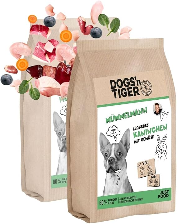 Dogs'n Tiger Mümmelmann, Adult Premium Dry Food for Dogs, Rabbits, Turkey & Vegetables, 60% Meat Content, with Omega Oils, No Sugar, Grains & Preservatives, High Protein Content, 2 x 12 kg