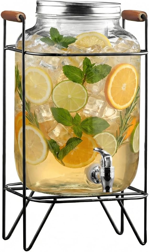 Style Setter Glass Beverage Drink Dispenser Beck w/Metal Stand - 2 Gal | Crystalline Glass Leak-Proof Lid Acrylic Spigot Country Rustic Style Lemonade Iced Tea Punch For Events, Wedding Party Gift