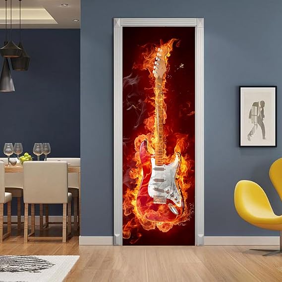 Flame Pattern Door Stickers - 2 Pcs Creative Music Theme Door Decals Peel and Stick, Removable Decorative Vinyl Wallpaper Self Adhesive Interior Door Murals for Home Decorations - Guitar