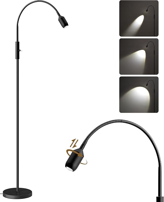 Reading Floor Lamp, 74.2" Tall LED Lamp with, 360 Flexible Gooseneck & Touch Control, 5000K 6W LED, Sturdy Base, Crafts Standing Lamp, for Reading, Living Room, Matte Black B16LD05