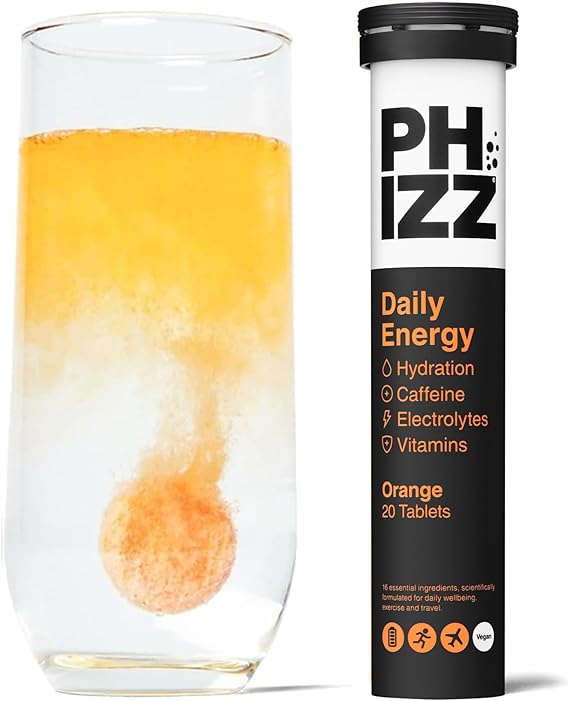 Phizz Daily Energy Electrolyte Hydration Tablets - 16 Vitamins and Minerals - Effervescent Energy Tablets - 75mg Caffeine (Daily Energy (Orange), 20)