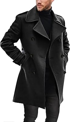 Ryannology Mens Notched Collar Trench Coat Double Breasted Long Winter Pea Coats Windbreaker Business Wool Blend Jacket