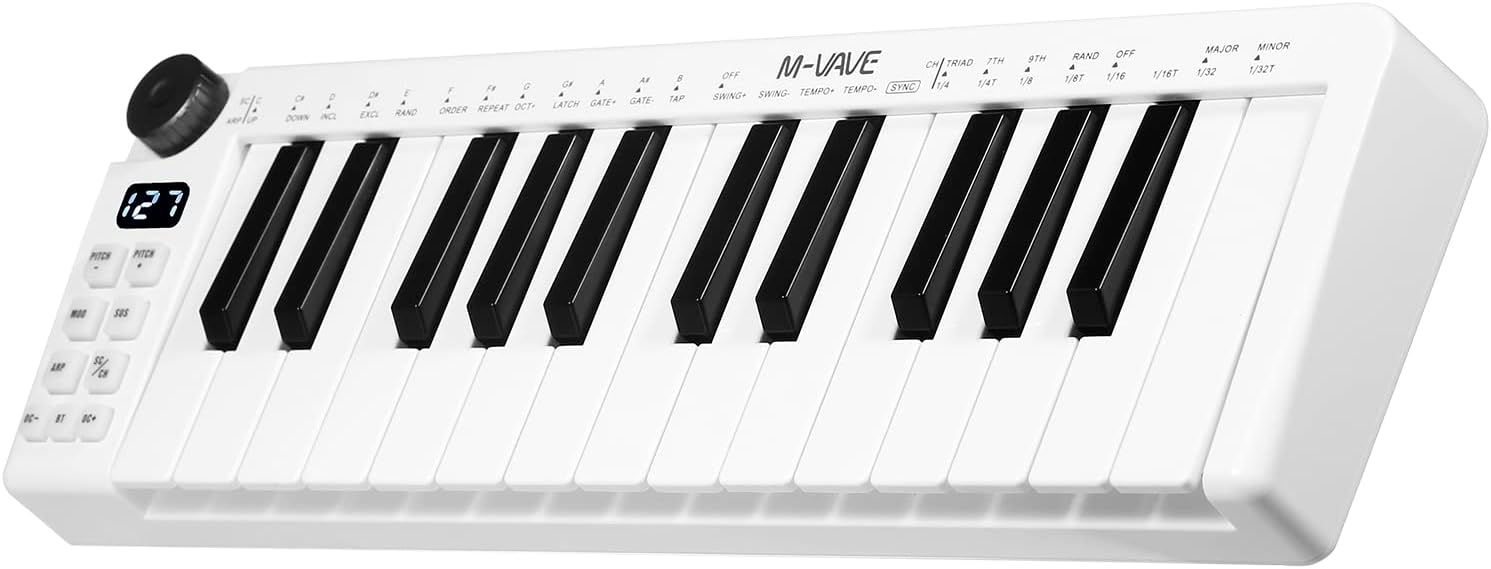 SMK-25mini MIDI Keyboard 25 Keys Rechargeable MIDI Control Keyboard Mini Portable USB Keyboard MIDI Controller with 25 Speed Sensitive Keys 1 Knob