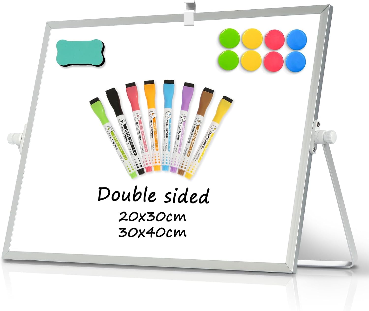 DOLLAR BOSS Magnetic Desktop Whiteboard 30x40cm Double Sided Dry Erase Small White Board with Stand, A3 Mini Whiteboard 8 Pens, 1 Eraser, 6 Magnets, for Teachers Home Office