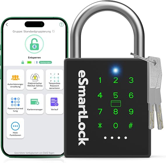 Eseesmart Smart Combination Lock Padlock Bluetooth Lock with Combination Code RFID Weatherproof Large Padlock with Key IP68 Outdoor Electric Smart Lock for Door Garden Cellar Locker