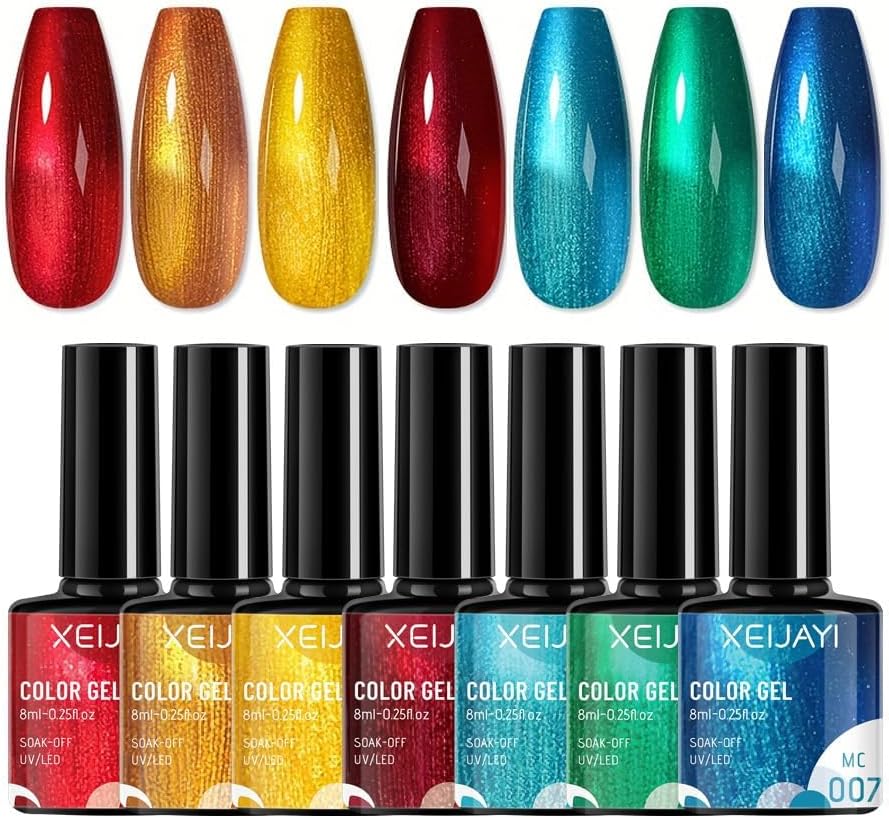 Metallic Gel Nail Polish Set, 7 Colors Red, Gold, Blue, Green, Pink Bright Colorful Gel Polish for Nail Art, Glitter Chrome Sparkle Metallic Trendy Manicure, Gel Soak Off Led, DIY Nail Art