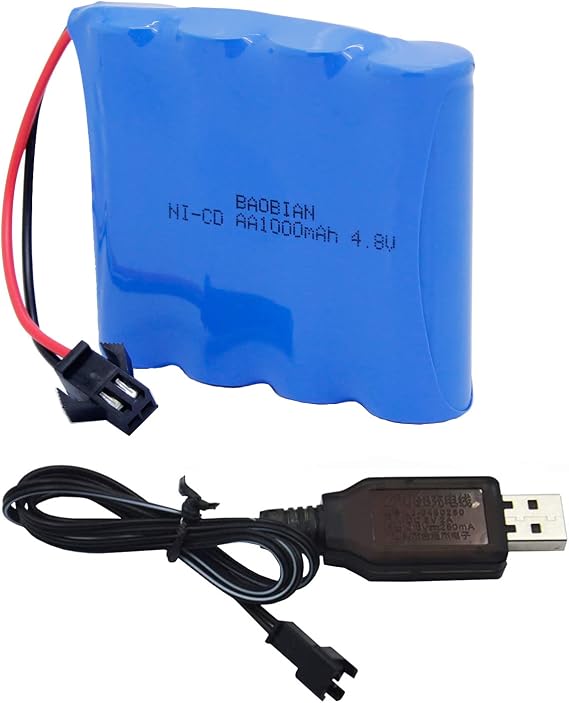 4.8V 1000mAh NiCd Rechargeable Battery Pack for C182 C185 C181 1/18 Scale RC Truck Four Wheels Race Off Road Car Rock Crawler Vehicle SM 2P Plug and USB Charger Cable (1 Pack)