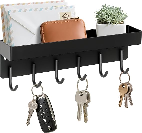 Magnetic Key Holder Wall Mount, Small Key Rack with Tray, Black | 2 Mount Options, Metal Material, 9.6 Inch, 6 Thin Hooks, Compact Design, Suits for Kitchen, Foyer, Entryway, Garage, Rv