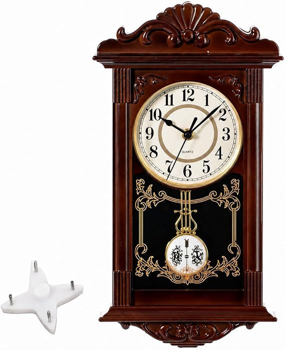Quickway Imports Vintage Grandfather Wood- Looking Plastic Pendulum Wall Clock for Living Room, Kitchen, or Dining Room, Brown