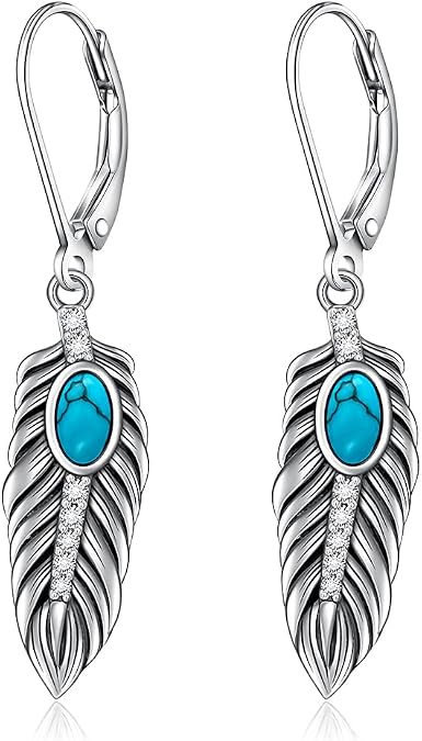 Feather Earrings for Women 925 Sterling Silver Turquoise Dangle Earrings Vintage Western West Jewelry Gifts