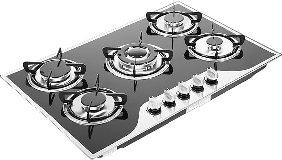 Gas Cooktops, 5-Burner High Efficient Gas Stove Top with Independent Knobs, 110V 2000PA Commercial Gas Stove with Electronic Pulse Ignition, Detachable Countertop Gas Cooktops for Restaurants Homes