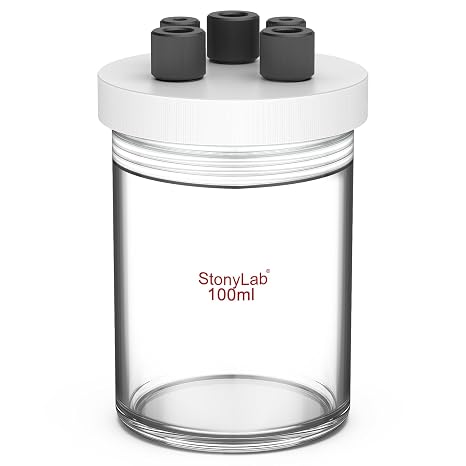 stonylab Single Chamber Electrolytic Cell, Borosilicate Glass Sealed Electrolytic Cell Electrochemical Cell Kit Reactor Electrolyzer with 5-Hole PTFE Lid, No Electrode Included, 100 ml