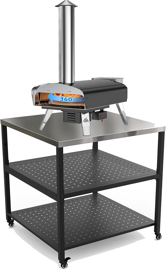 Mimiuo Outdoor Wood Pellet Pizza Oven with Pizza Oven Table, Pizza Stove with Automatic Rotating Stone and other Accessories