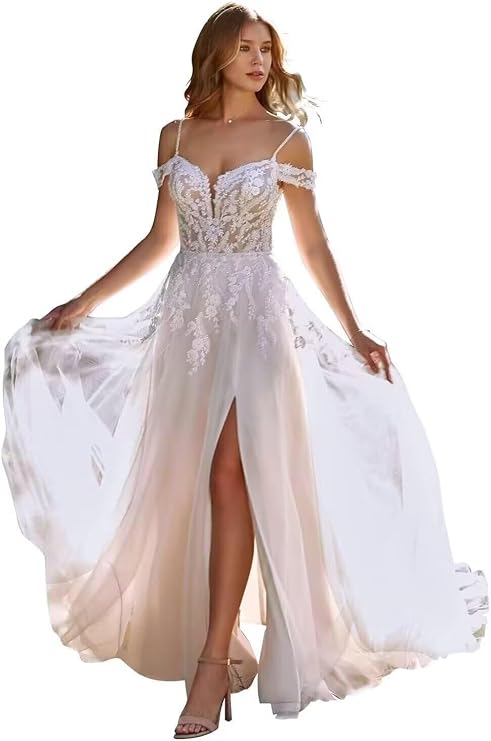 Tianzhihe Off Shoulder Wedding Dresses for Bride Lace Applique A Line Spring Boho Bridal Gown with Train