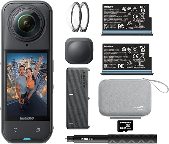Insta360 X5 - Essentials Bundle Waterproof 8K 360 Video 72MP Photo Action Helmet Cameran1/1.28" Sensor Wide-Angle Low Light Performance Replaceable Lenses for Sports Travel Outdoor Content 32GB