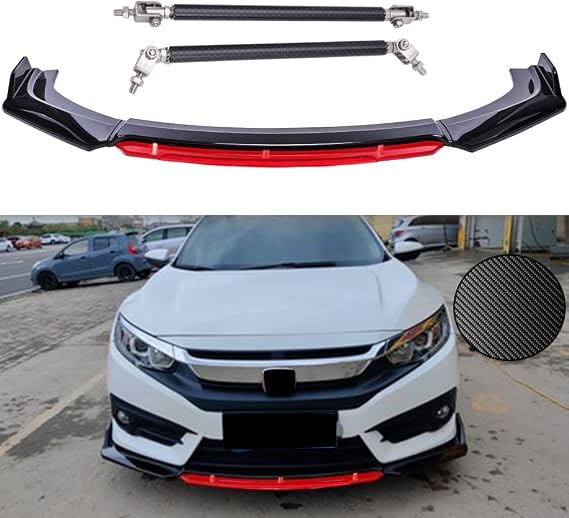 4PCS Universal Car Front Bumper Lip Body Kit Splitter Spoiler Diffuser Protector with Adjustable 8"-11" Support Splitter Rods (Carbon Fiber) - Carbon Fiber,Red Tongue