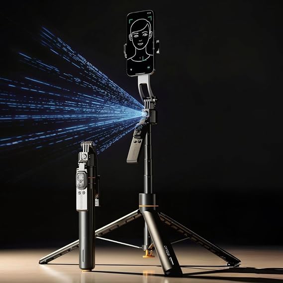 Coverzone Tam Profesyonel Otomatik Açılan, AI Yüz Takipli 170 cm Selfie Çubuğu ve Tripod | 360° Dönebilen Telefon Tutucu, Portatif, Uzaktan Kontrol, Titanyum | Canlı Yayın/Video/Fotoğraf | TT07SS