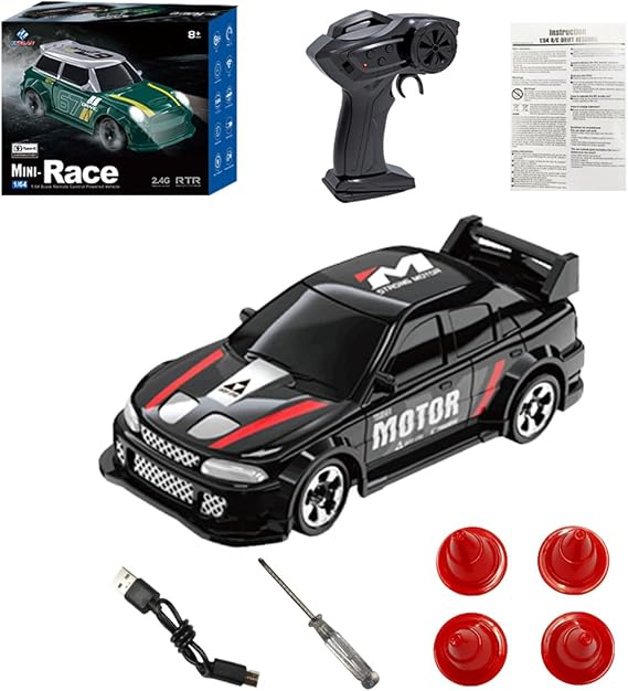 KF33 1/64 Scale Mini RC Drift Car, 2.4GHz 4WD Full Proportional Control Remote Control Car with Roadblocks, RC Racing Toy for Teens & Adults