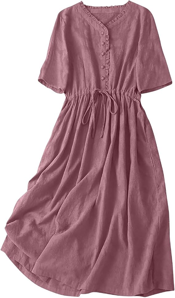 Casual Midi Dresses for Women,Button V Neck Drawstring High Waisted Vacation Dress Short Sleeve Summer Dress