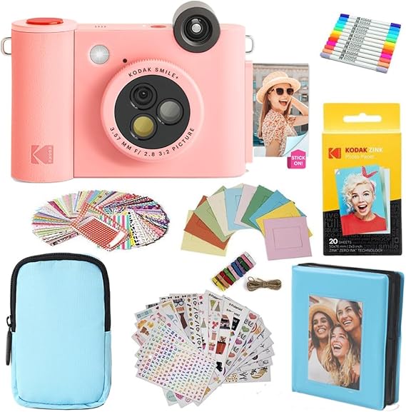 KODAK Smile+ 2-in-1 Digital Instant Print Camera & Photo Printer Gift Bundle + Case + Zink 2x3 Sticky Back Photo Paper 20pk + Album + Sticker Frames + Hanging Frames + Sticker Sets + Markers - Pink
