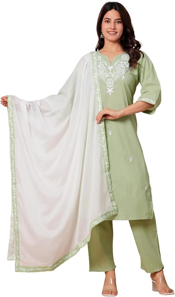 Women's Cotton Straight Kurta Pant Set with Dupatta | Embroidered Ethnic Kurta Set Festive & Traditional Wear