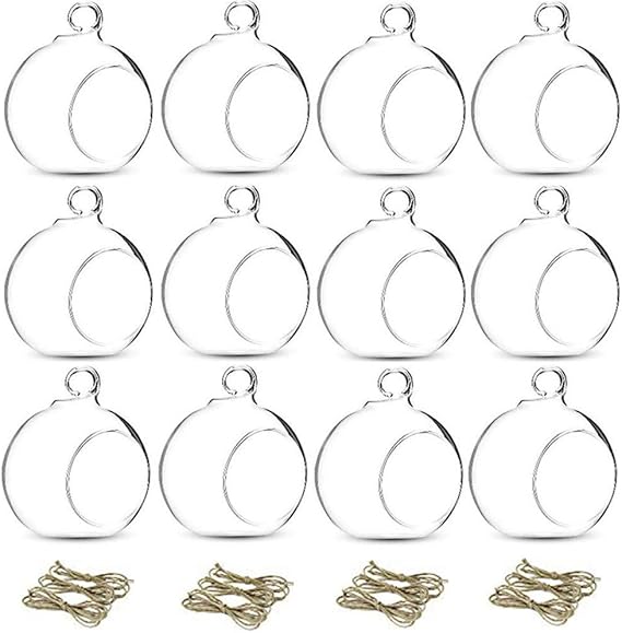 NUPTIO Hanging Glass Terrarium Globes, 12 Pcs, 3.15 Inch | Clear Round Orbs, Compact 8 cm Size, for Air Plants, Tealights, Votives, Wedding Centerpieces, Home Decor