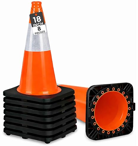 (8 Cones) BESEA 18" inch Traffic Cones Traffic Safety Cones Black Base Construction Road Parking Cone with 6" Highly Reflective Collar(8Pack)