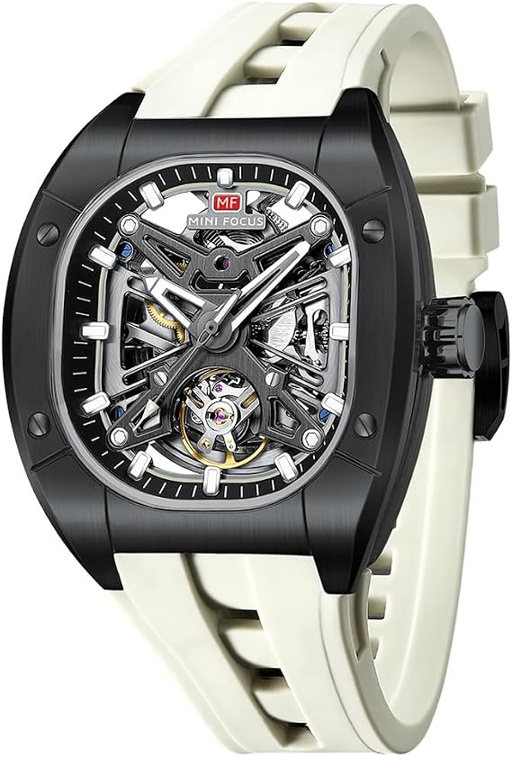 MF MINI FOCUS Unique Men Watches,Automatic Mechanical Watch,Luxury Hollow Tonneau Watches for Men with Silicon Band