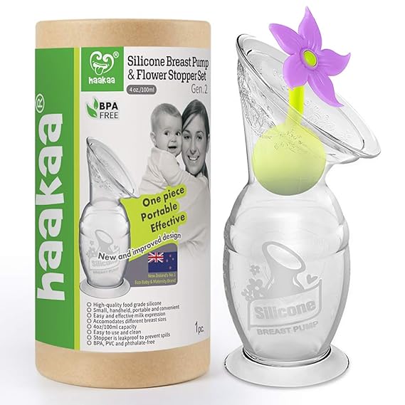 haakaa Manual Breast Pump with Suction Bottom and Purple Stopper (4oz/100ml)