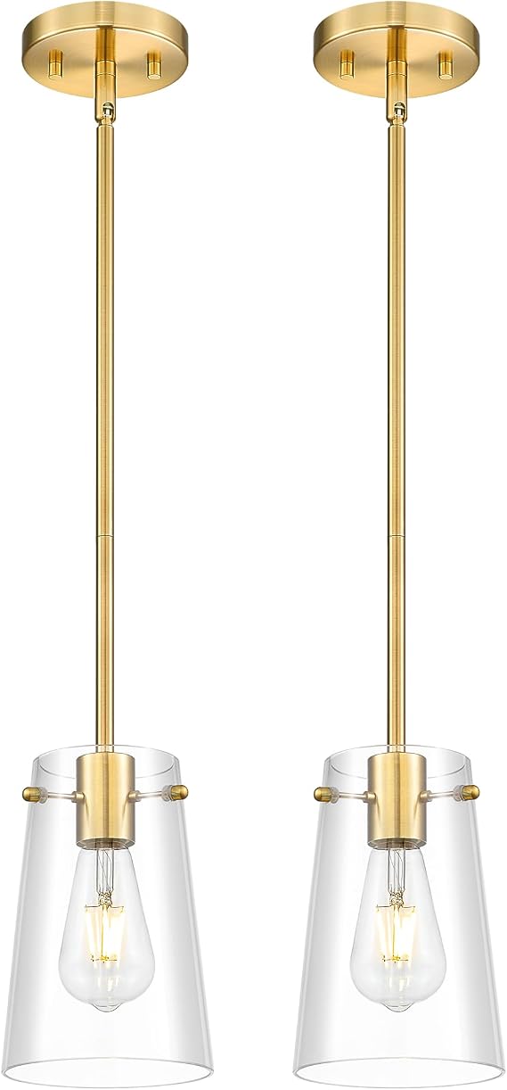 Beionxii Pendant Lights Kitchen Island 2 Pack, Brushed Gold Modern Kitchen Pendant Lighting Over Island, Hanging Lights with Clear Glass for Sink, Dining Room, Entryway, BX-PL03BG-2CG